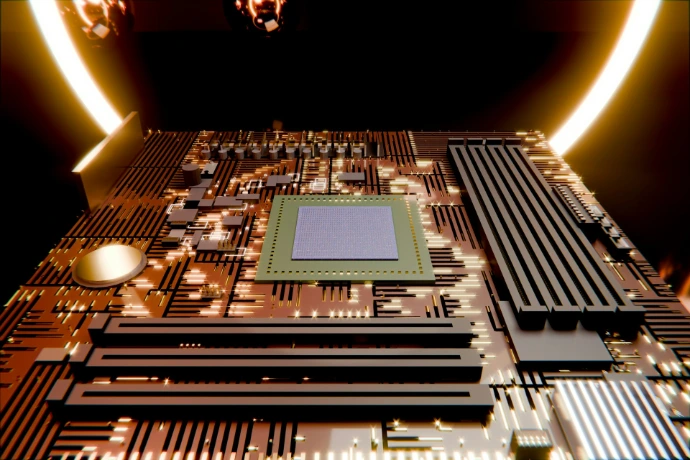 A glowing circuit board with a central processing unit.